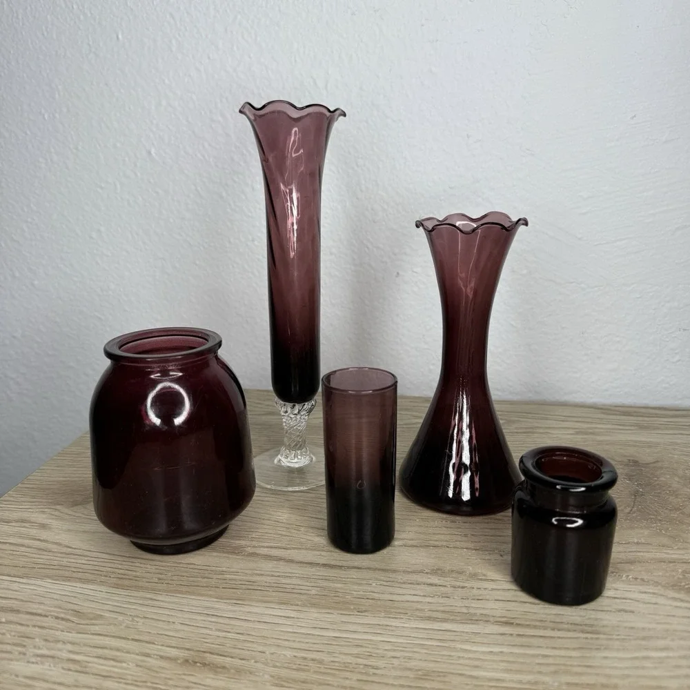 Amethyst Purple Glass Ruffled Bud Ribbed Vase Lot Of 5 - 3 Handblown and 2 Flash